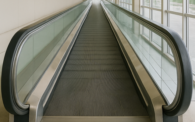 there is a long escalator going down the middle of a building