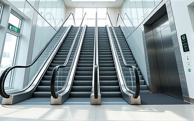 there is a large escalator in a building with a glass wall