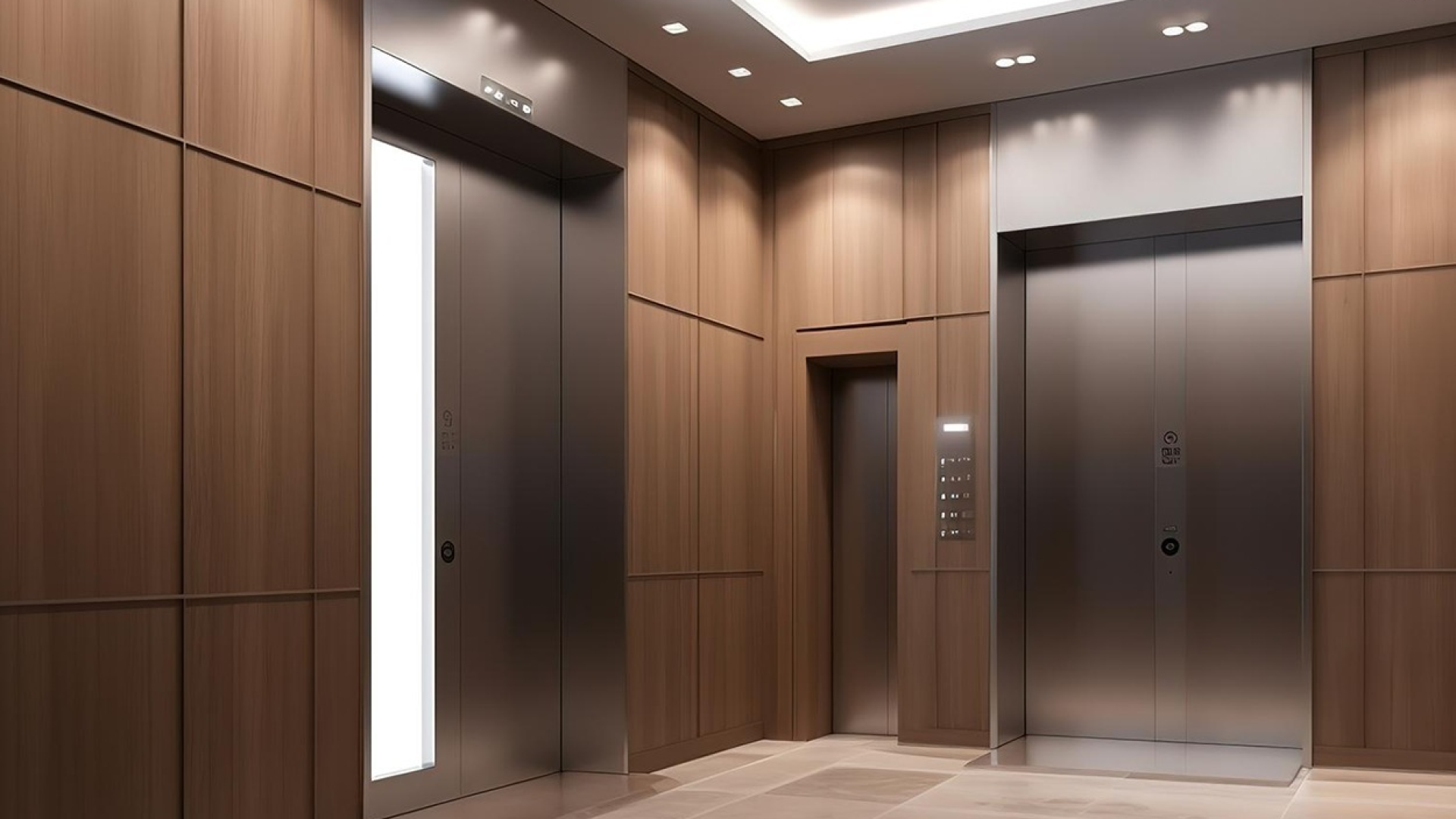 در یک اتاق بزرگ با پانل های چوبی دو آسانسور وجود دارد