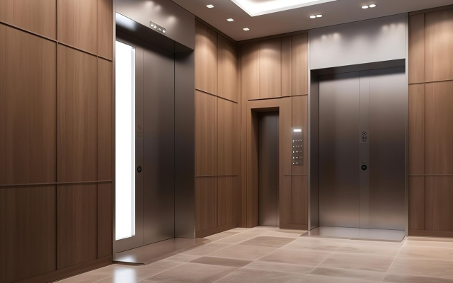 در یک اتاق بزرگ با پانل های چوبی دو آسانسور وجود دارد