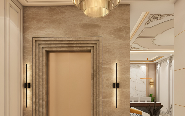 یک اتاق بزرگ با لوستر و یک صندلی وجود دارد